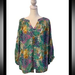UMGEE BLOUSE SZ L COLORFUL BOHEMIAN FLOWY LEOPARD FESTIVAL ARTSY BRIGHT